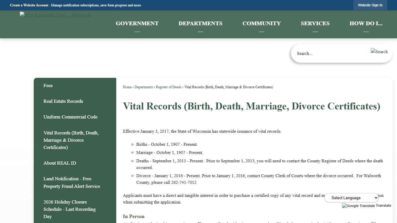 Vital Records (Birth, Death, Marriage, Divorce Certificates) Walworth County, WI